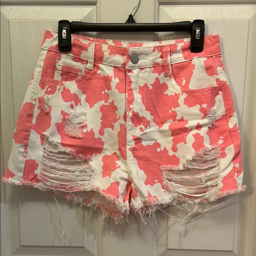 Stylish Pink and White Women's Distressed Shorts